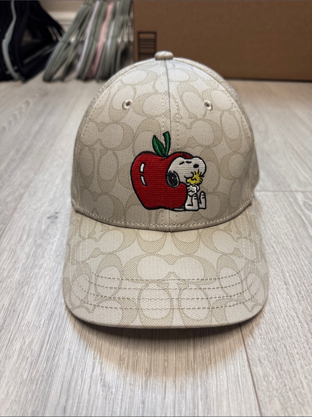Coach Beige Signature Baseball Cap with Snoopy Apple Patch
